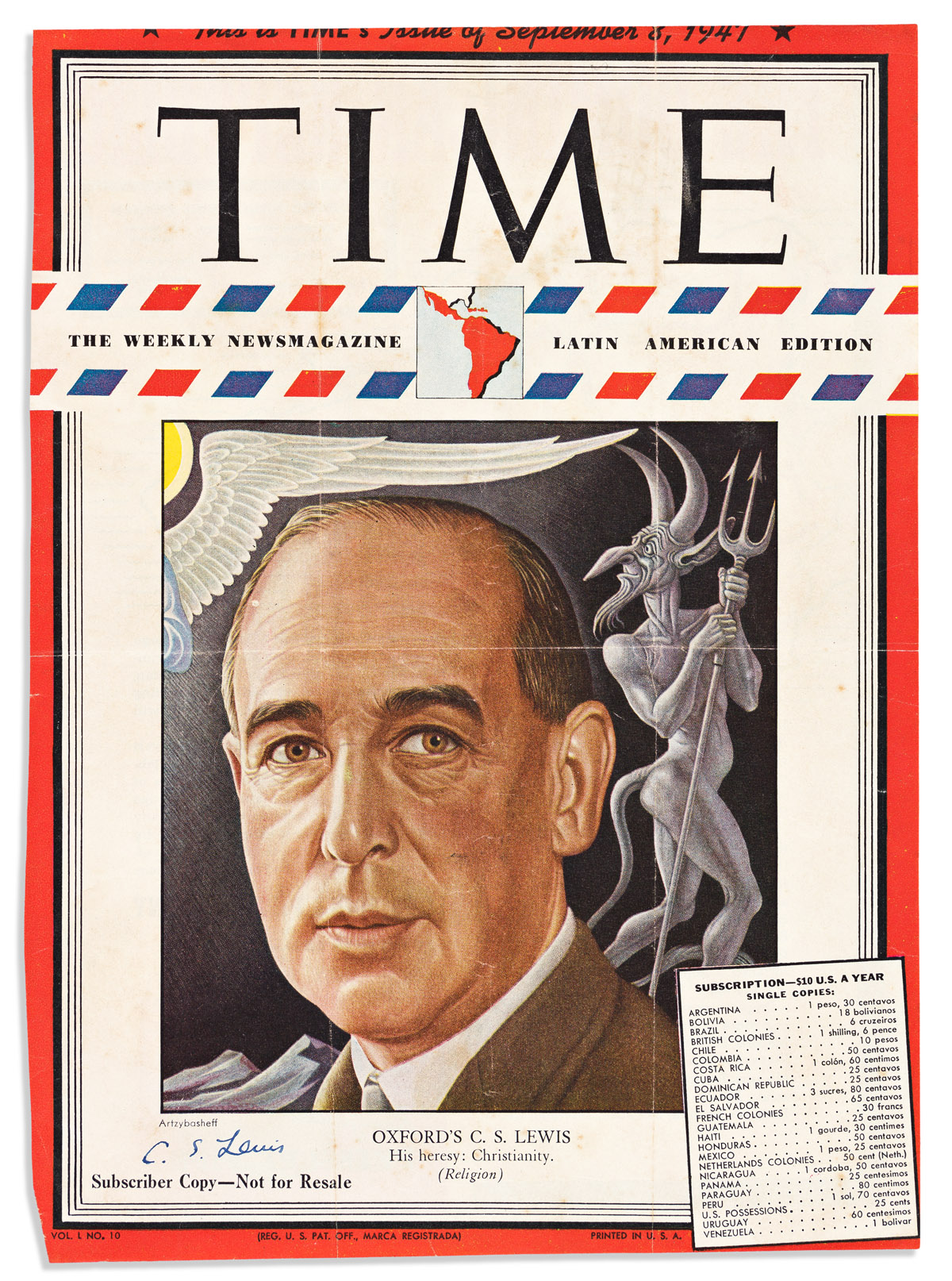 LEWIS, C.S. Time magazine cover Signed,